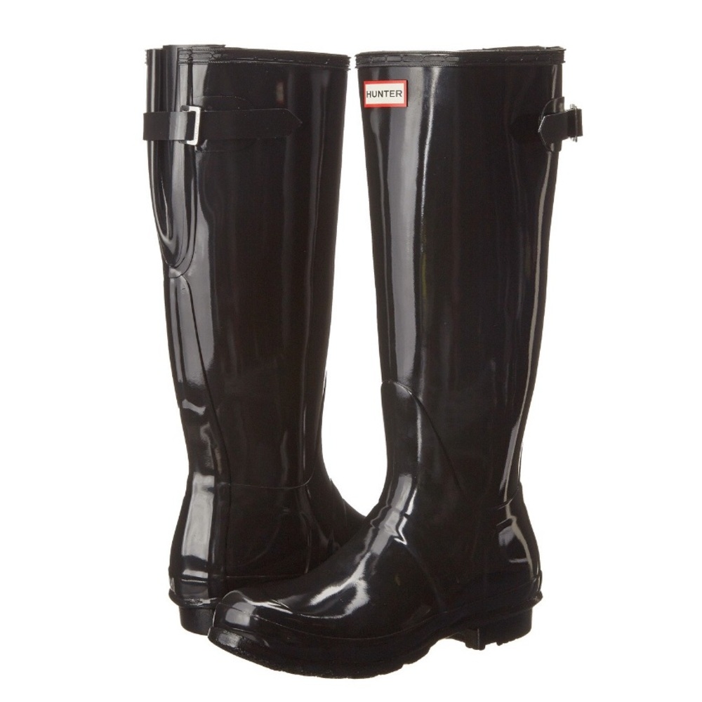 Black glossy tall hunter boots size 7. adjustable calf